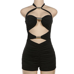 Ruched halter self tie hollow out backless solid romper
