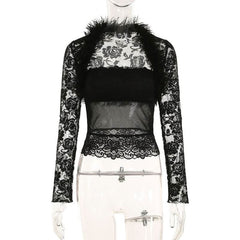 Long sleeve fluffy shrug lace tube 2 piece top