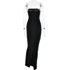 Metal chain square neck slit solid knotted maxi dress-final-sale