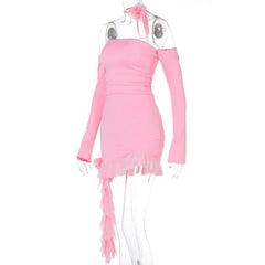 Long sleeve off shoulder flower applique ruffle ruched mini dress-final-sale