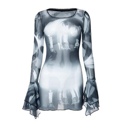 Long flared sleeve sheer mesh print ruffle mini dress-final-sale