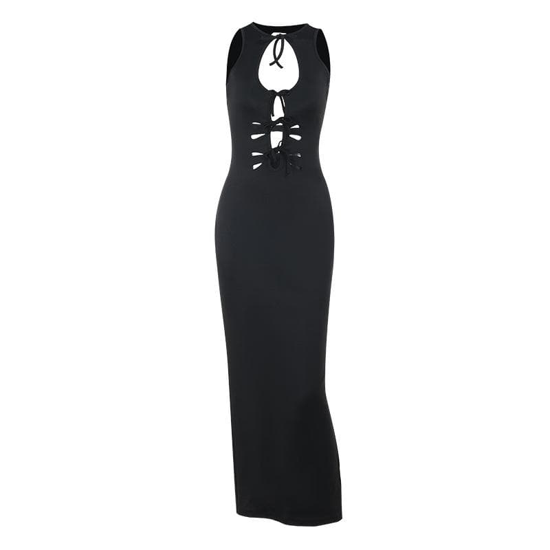 Self tie hollow out crewneck slit solid cut out midi dress