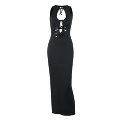 Self tie hollow out crewneck slit solid cut out midi dress