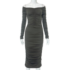 Off shoulder long sleeve ruched solid midi dress-final-sale