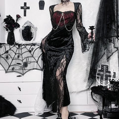 Lace contrast long flared sleeve metal chain zip-up velvet midi dress-final-sale