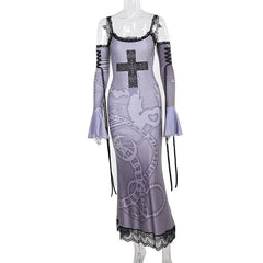 Long flared sleeve off shoulder cross print lace cami maxi dress-final-sale
