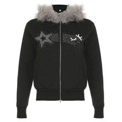 Zip-up beaded fluffy hoodie bowknot long sleeve top