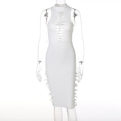 Sleeveless hollow out solid backless knotted cut out midi dress