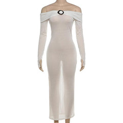 Off shoulder long sleeve metal applique midi dress