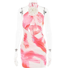Flower applique cross front ruched contrast self tie mini dress-final-sale