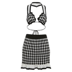 Halter self tie knitted plaid backless mini skirt set