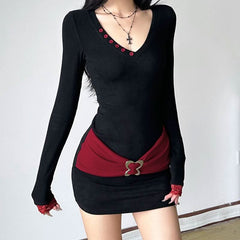 Long sleeve v neck butterfly metal buckle mini dress