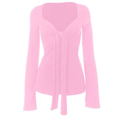 Long flared sleeve v neck ruched top