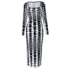 Long sleeve polka dot u neck contrast midi dress-final-sale