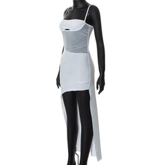 Solid irregular hollow out mesh backless cami cut out mini dress-final-sale