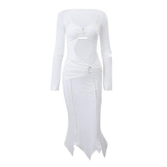 Long sleeve hollow out ruched o ring shrug cami cut out midi dress-final-sale