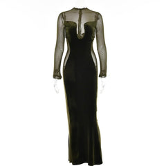 Long sleeve velvet mesh solid zip-up maxi dress-final-sale