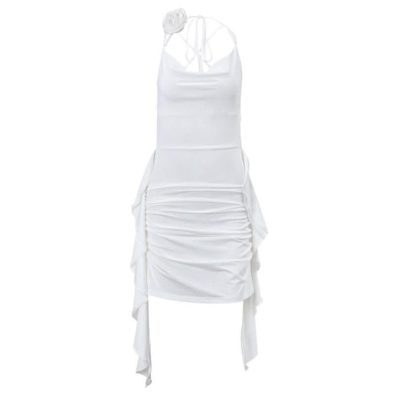 Cowl neck flower applique ruched backless solid mini dress-final-sale