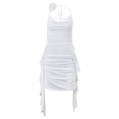 Cowl neck flower applique ruched backless solid mini dress-final-sale