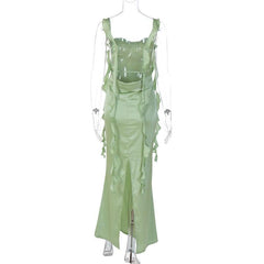Cowl neck satin backless ruffle cami maxi dress