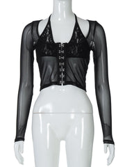 Halter long sleeve mesh lace hem button top