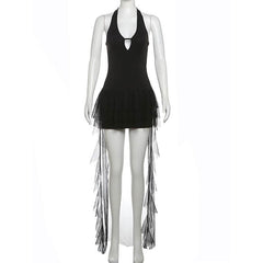 Halter hollow out ruffle mesh backless cut out mini dress