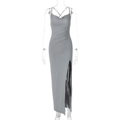 Cowl neck slit ruched cross back midi dress