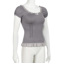 Short puff sleeve stitch ruffle bowknot top