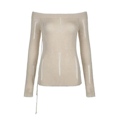 Crochet hollow out solid drawstring off shoulder top-final-sale