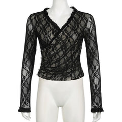 Long sleeve v neck lace button top