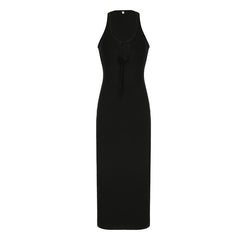 U neck self tie hollow out solid cut out maxi dress