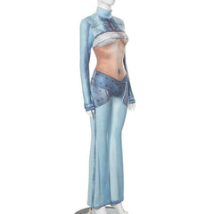 Long sleeve high neck body print zip-up contrast jumpsuit-final-sale