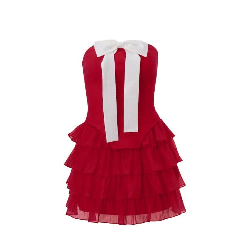 Bowknot applique ruched ruffle lace up tube mini skirt set-final-sale