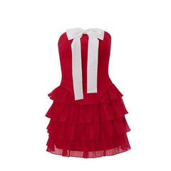 Bowknot applique ruched ruffle lace up tube mini skirt set-final-sale