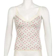 V neck cherry print bowknot lace hem polka dot cami top