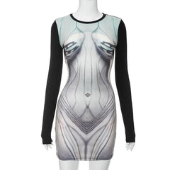 Body print contrast long sleeve round neck mini dress-final-sale