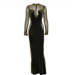 Long sleeve velvet mesh solid zip-up maxi dress-final-sale