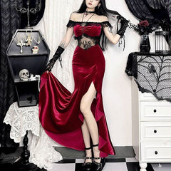 Off shoulder lace hem slit velvet metal applique ruched maxi dress