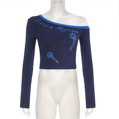 Long sleeve off shoulder beaded letter pattern top
