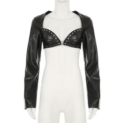 PU leather sweetheart neck long sleeve crop top