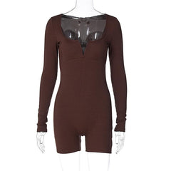 Ribbed notch neck long sleeve solid romper