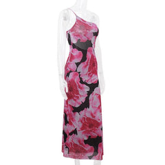 One shoulder irregular flower print cami midi dress