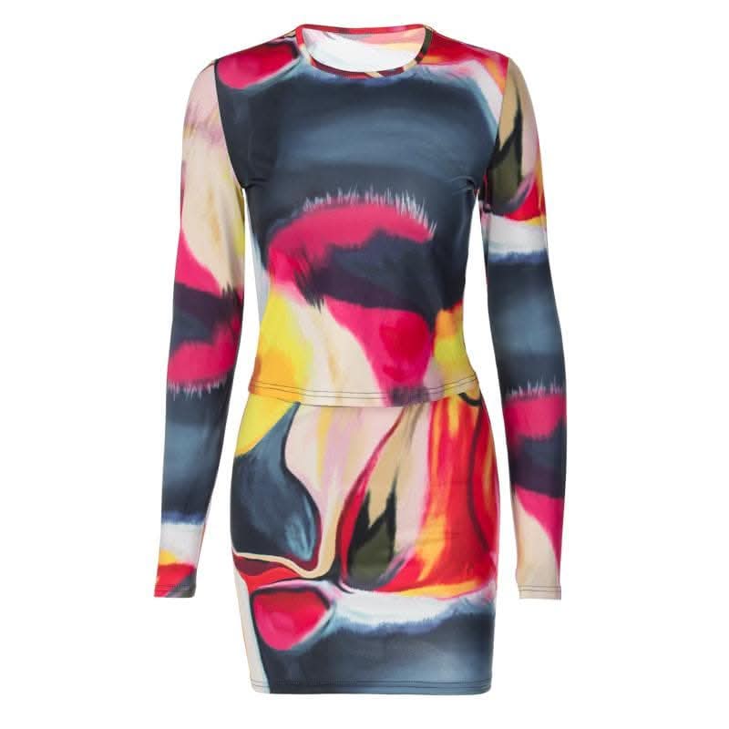 Long sleeve tie dye round neck mini skirt set-final-sale