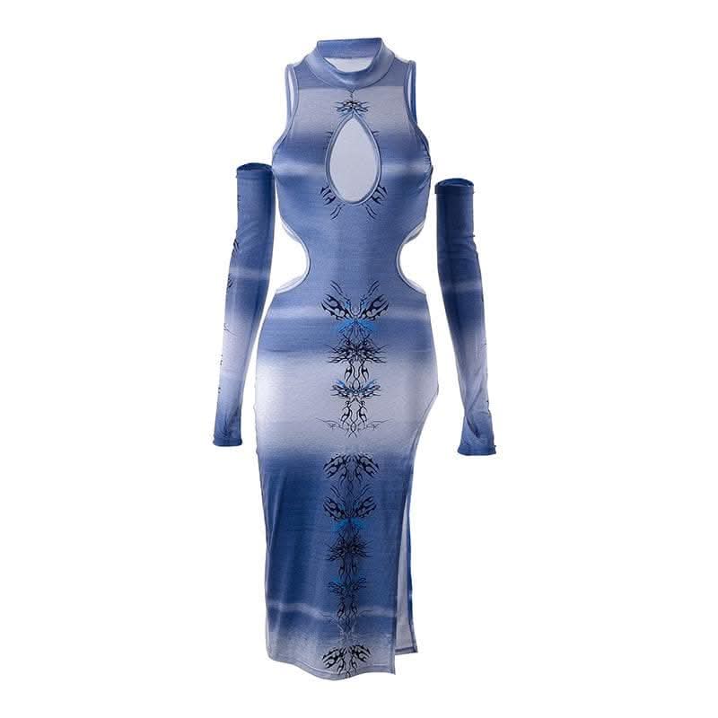 Contrast abstract print hollow out slit gloves cut out midi dress-final-sale