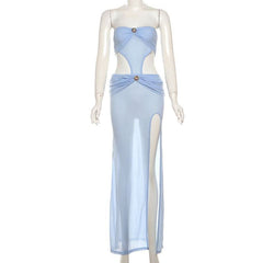 Hollow out slit ruched see through tube cut out maxi dress