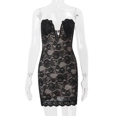 Lace hem beaded backless zip-up tube mini dress
