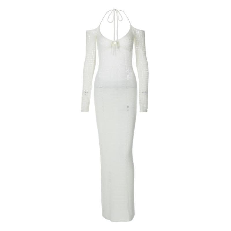 Long sleeve off shoulder halter knitted backless maxi dress-final-sale