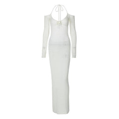 Long sleeve off shoulder halter knitted backless maxi dress-final-sale
