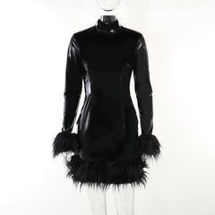 Long sleeve PU leather feather high neck zip-up mini dress-final-sale