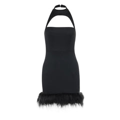 Hollow out halter fluffy backless button solid cut out mini dress-final-sale